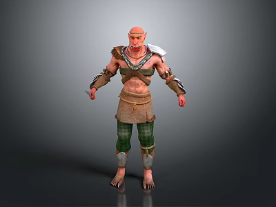 3D Fantasy Character Model With Bald Head Beard Shoulder Armor Arm Guards Green Plaid Pants 3d model