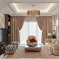 Elegant Modern Living Room With Chandelier Sofa Armchairs Coffee Table Red Roses And Golden Painting