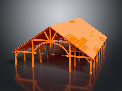 Orange Architectural Building Model With Modern Roof Trusses And Supporting Columns 3d model