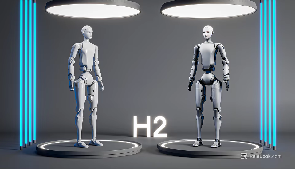 Intelligent Machines Featuring Two Humanoid Robots on Platforms with H2 Label and Lighting 3d model 