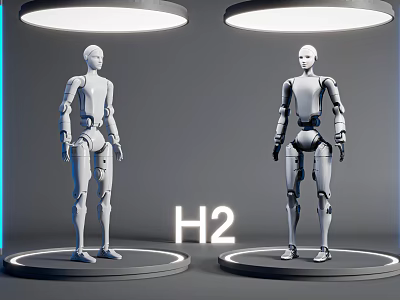 Intelligent Machines Featuring Two Humanoid Robots on Platforms with H2 Label and Lighting 3d model