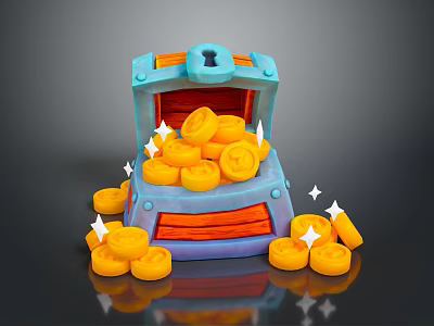 Decorative Blue Treasure Chest With Gold Coins Scattered Around For Home Decor 3d model