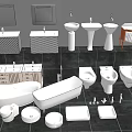 Various Modern Bathroom Washbasins With Bathtubs Toilets Mirrors And Accessories