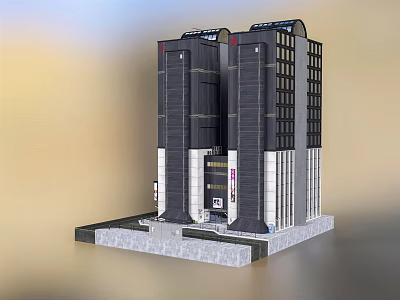 Modern High Rise Commercial Building With Black White Facade Glass Windows And Stone Base 3d model
