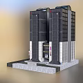 Modern High Rise Commercial Building With Black White Facade Glass Windows And Stone Base