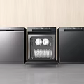 Modern Black Kitchen Appliances With Open Dishwasher Door Interior Plates And Rack