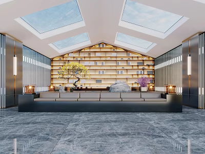 Elegant Modern Hotel Public Lounge Area With Skylights Bookshelves Green Plants And Marble Floor 3d model