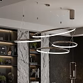 Elegant Restaurant Interior With Marble Wall Bookshelves Chandeliers Dining Table And Chairs