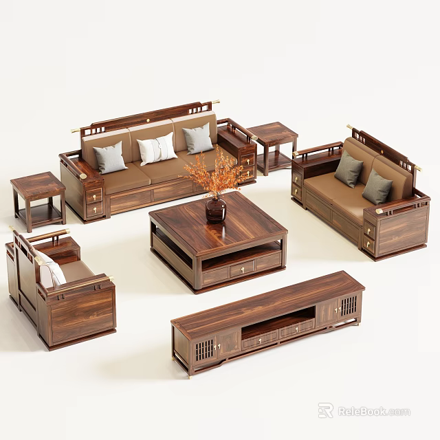 Modern Solid Wood Sofa and Coffee Table Set with Side Tables and TV Stand 3d model