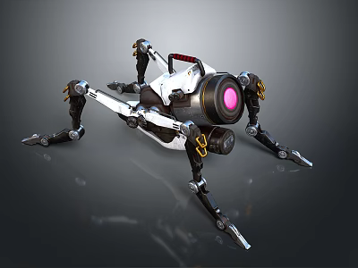 Mechanical Spider Character With White Black Design Yellow Accents Multiple Legs And Pink Round Lens 3d model