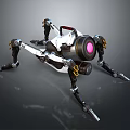 Mechanical Spider Character With White Black Design Yellow Accents Multiple Legs And Pink Round Lens
