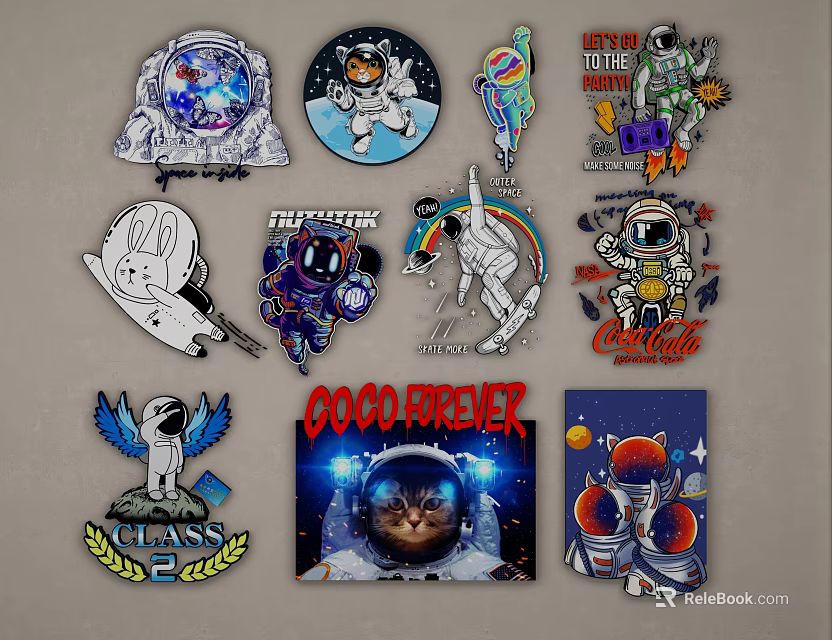 Fun Cartoon Space Themed Wall Decor with Astronaut Rocket and Colorful Design Elements 3d model