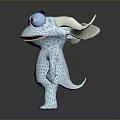Cartoon Style 3D Game Character With Blue Body White Horns Red Eyes Hands On Hips