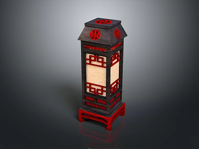 Traditional Chinese Wooden Lantern With Black Frame Red Decorations And Patterns 3d model
