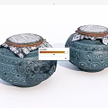 Teal Ceramic Vessels With Carved Patterns And Silver Patterned Lids Brown Trim 3d model