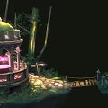 Cartoon Fantasy Forest Scene with Glowing Pink Dome Pavilion Stone Path and Trees