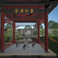 Chinese Style Garden Pavilion with Blue Roof Red Pillars and Surrounding Greenery Rock Formations
