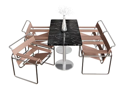 Modern Table And Chair Set With Black Marble Top Silver Base Brown Metal Frame Chairs 3d model