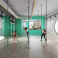 People Practicing Pole Dance Fitness In Indoor Studio With Poles Green Walls Wooden Floors