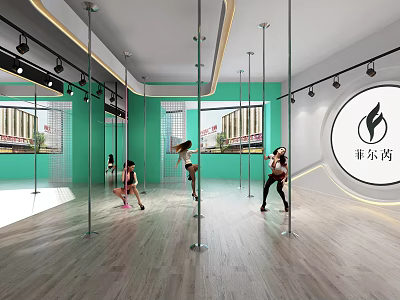 People Practicing Pole Dance Fitness In Indoor Studio With Poles Green Walls Wooden Floors 3d model