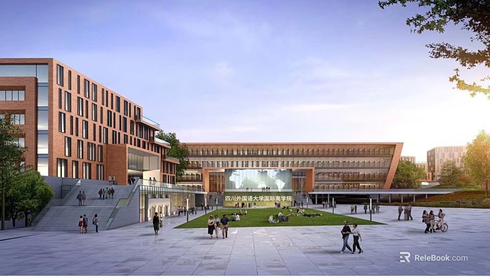 Modern School Building Complex With Red Brick Facade Green Courtyard Lawn And Students 3d model 