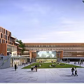 Modern School Building Complex With Red Brick Facade Green Courtyard Lawn And Students