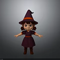 Cute Little Girl Character Wearing Purple Witch Hat With Red Dress And Open Arms