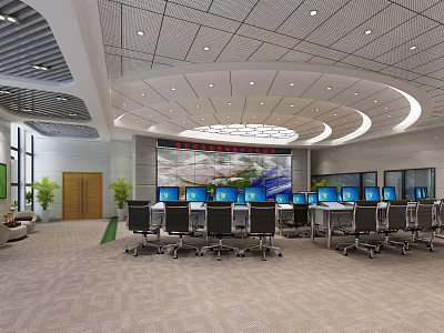 Modern Control Room With Multiple Computer Monitors Large Display Screen And Ergonomic Chairs 3d model