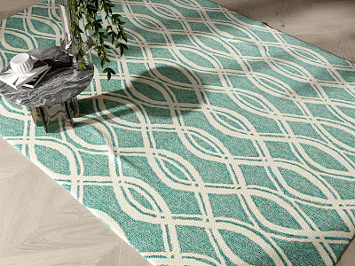 Teal And White Square Area Rug With Geometric Wave Patterns On Wooden Floor 3d model
