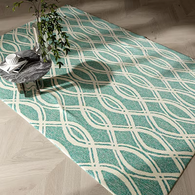 Teal And White Square Area Rug With Geometric Wave Patterns On Wooden Floor 3d model