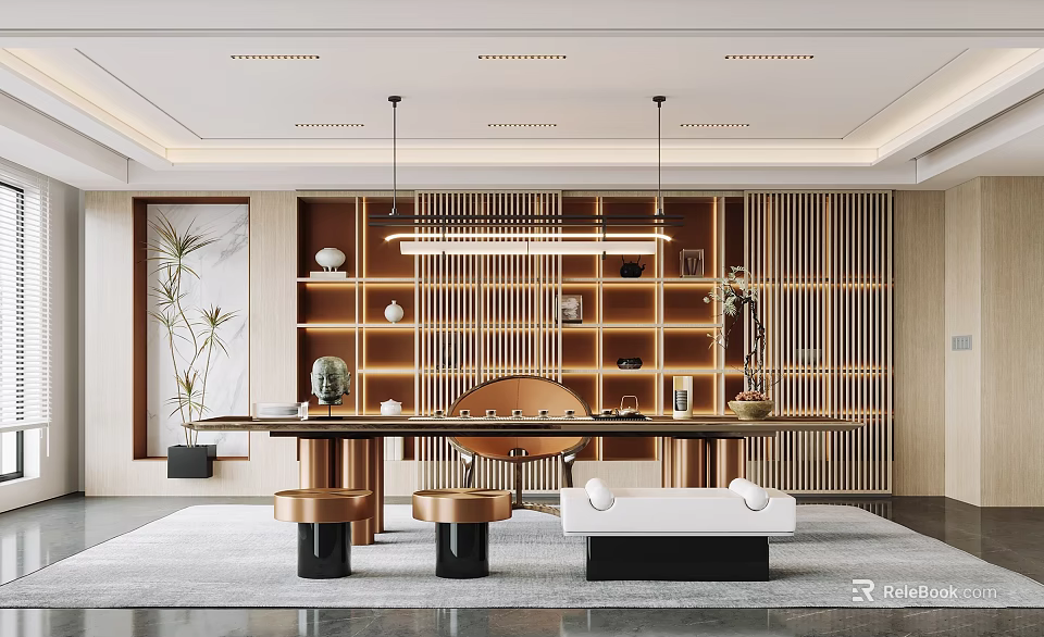 Modern Chinese Tea Room Interior With Wooden Shelves Hanging Lights Tea Table And Decorative Items 3d model 