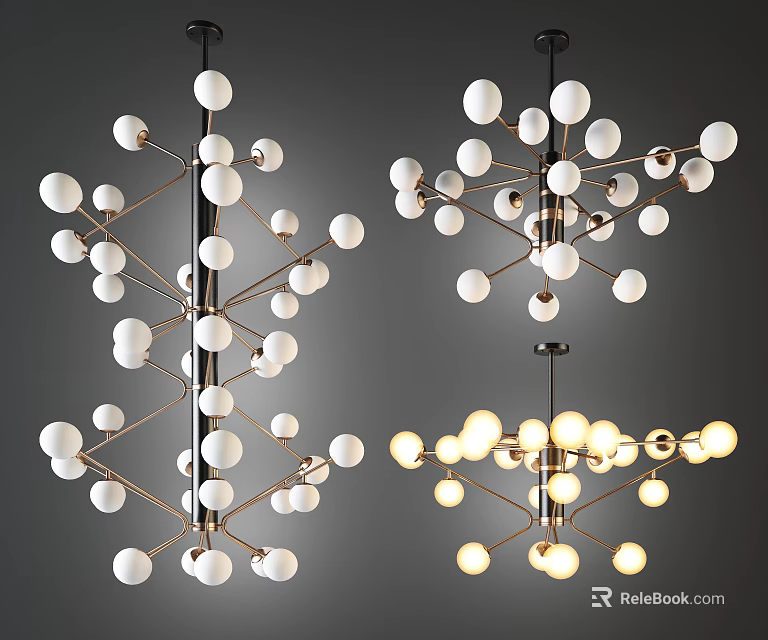 Modern Chandeliers With White Spherical Bulbs And Metal Branch Structure 3d model 