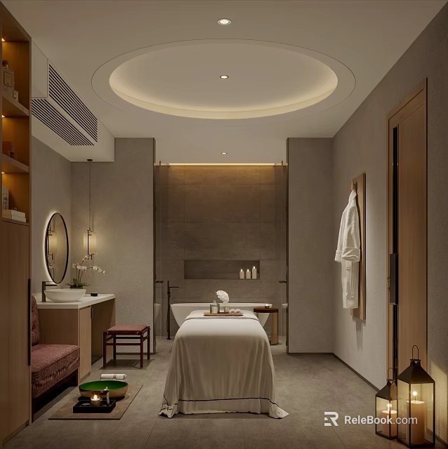 Modern SPA Sauna Interior With Massage Table Bathtub Plush Towels And Soft Lighting 3d model 