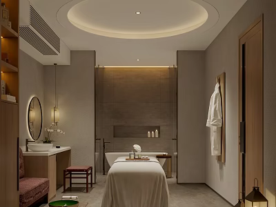 Modern SPA Sauna Interior With Massage Table Bathtub Plush Towels And Soft Lighting 3d model