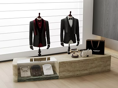 Stylish Formal Suits and Shirts on Mannequins with Handbag Wallet Phone at Display Table by Window 3d model