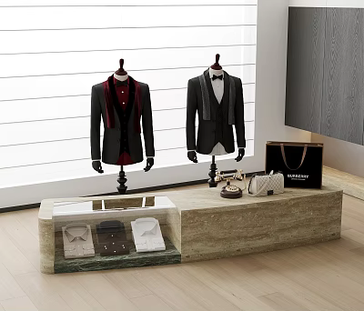 Stylish Formal Suits and Shirts on Mannequins with Handbag Wallet Phone at Display Table by Window 3d model