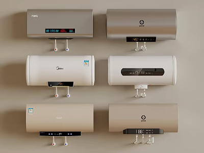 Wall Mounted Cylindrical Electric Water Heaters With Silver White And Gold Finishes 3d model