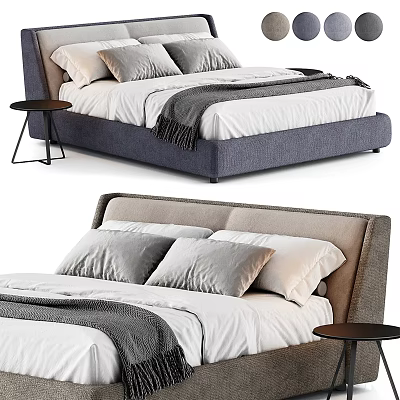Modern Double Bed With Upholstered Headboard White Sheets Gray Pillows And Nightstand 3d model