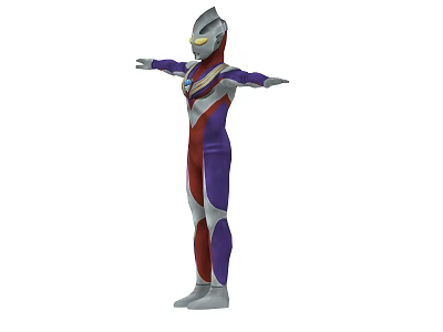Game And Movie Character Ultraman With Silver Red Purple Costume And Glowing Eyes Arms Outstretched 3d model