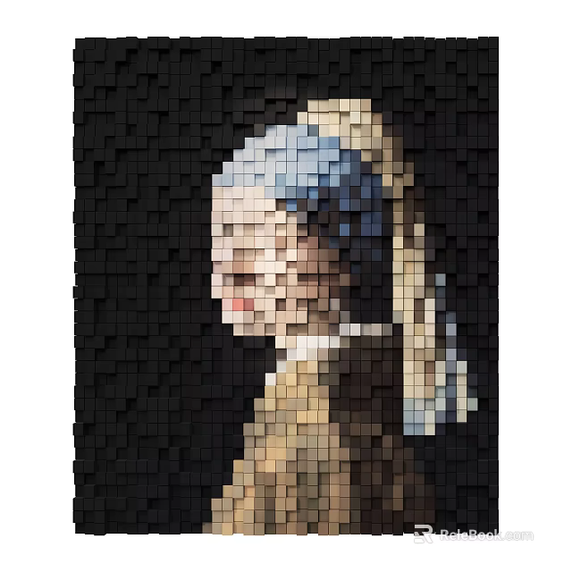Pixel Art Portrait Painting of Young Girl With Pearl Earring and Square Blocks 3d model 