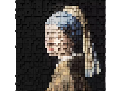 Pixel Art Portrait Painting of Young Girl With Pearl Earring and Square Blocks 3d model