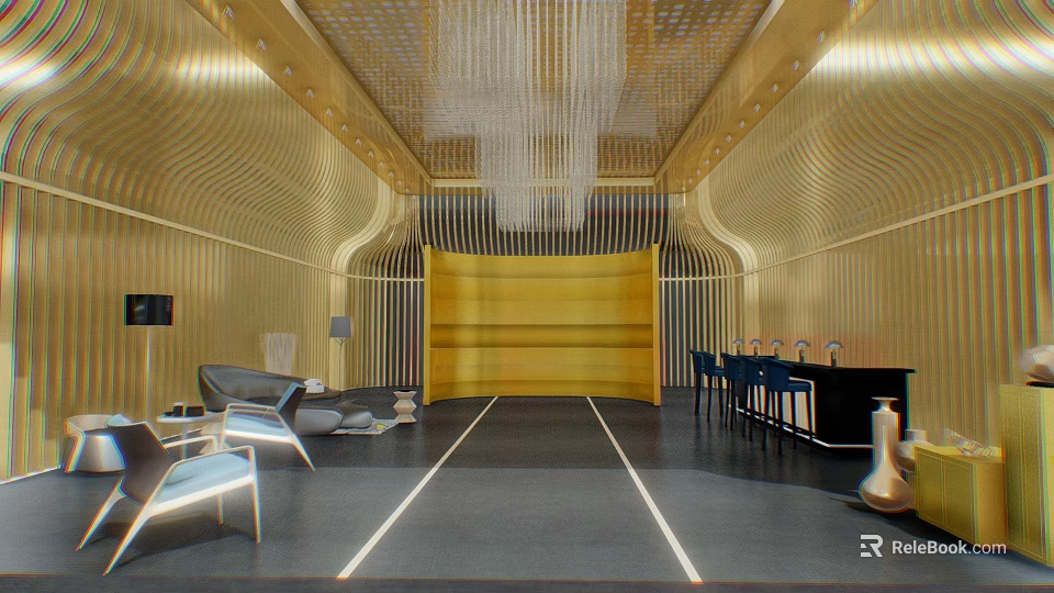 Modern Golden Hotel Lobby With Chandelier Sofa And Reception Desk Interior Design 3d model 