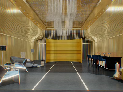 Modern Golden Hotel Lobby With Chandelier Sofa And Reception Desk Interior Design 3d model