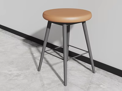 Modern Minimalist Bar Stool With Brown Leather Seat And Gray Metal Legs 3d model