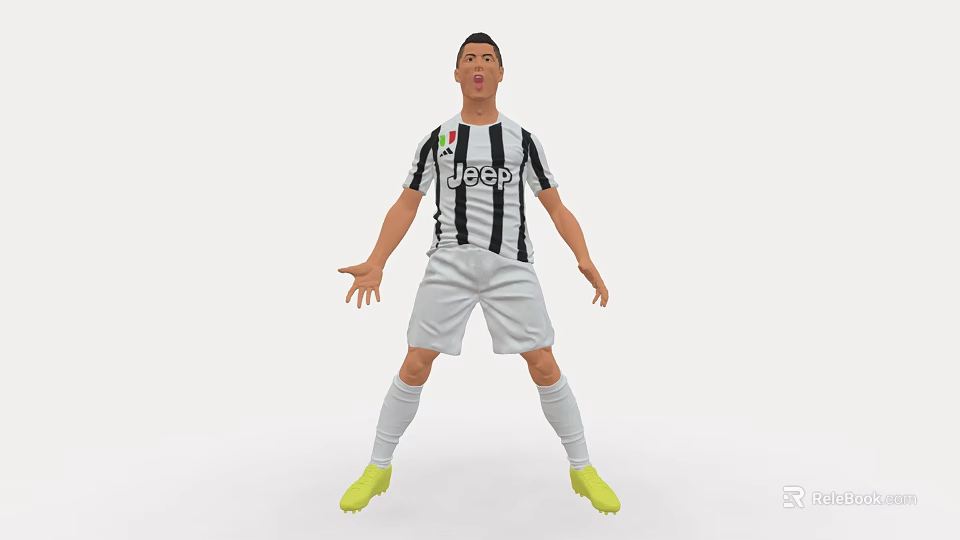 Man in Black White Striped Jersey with Jeep Logo White Shorts and Yellow Cleats Standing 3d model 