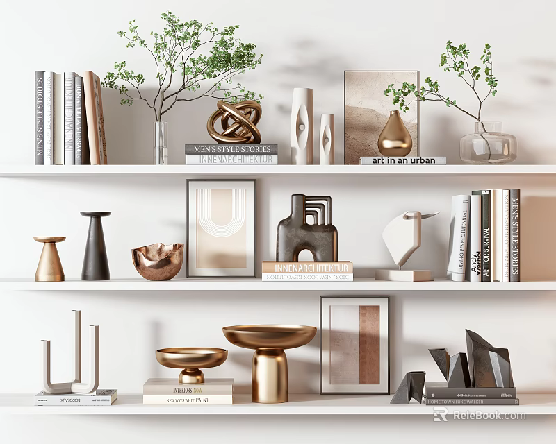 Modern Minimalist Decorative Ornament Collection on Shelves with Vases Sculptures Photo Frames Books Green Plants 3d model 