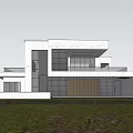 Modern Detached Villa Exterior Design With Concrete Facade Glass Windows And Green Lawn
