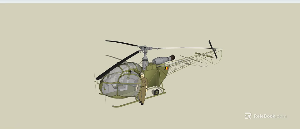 Green Military Helicopter With Transparent Cockpit Rotors Standing Personnel And Fuselage Details 3d model 
