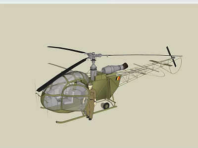 Green Military Helicopter With Transparent Cockpit Rotors Standing Personnel And Fuselage Details 3d model