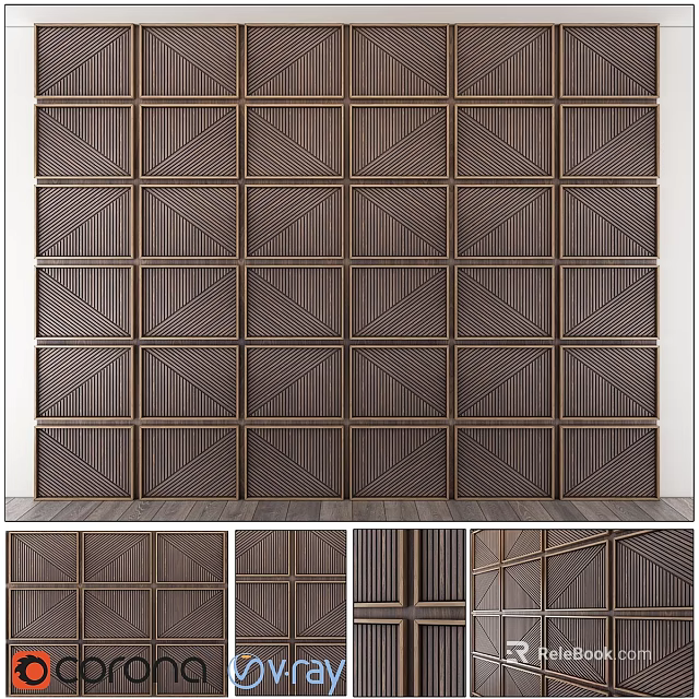 Wooden Interior Wall With Geometric Patterned Decorative Panels And Textured Design 3d model 